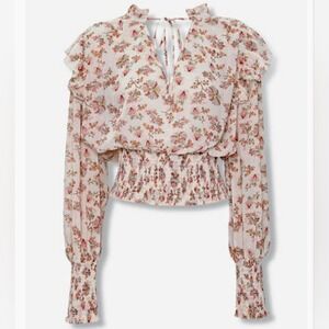 O Forever 21 Cream Wildflower Neck Tie Smocked Cropped Long Sleeve Top NWT M